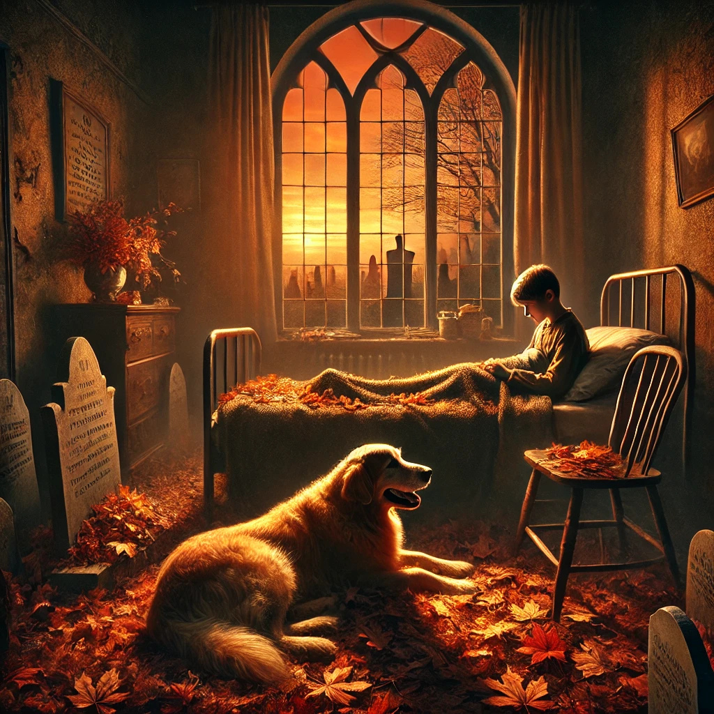 Una escena melancólica en una habitación tenue iluminada por un atardecer anaranjado. Un niño enfermo yace en una cama, rodeado de hojas de otoño traídas por un fiel perro golden retriever que está sentado junto a él, con el pelaje ligeramente cubierto de tierra y hojas. A través de la ventana, se vislumbra un cementerio en la distancia. La atmósfera combina tonos cálidos de otoño con una inquietante sensación de misterio y sobrenaturalidad