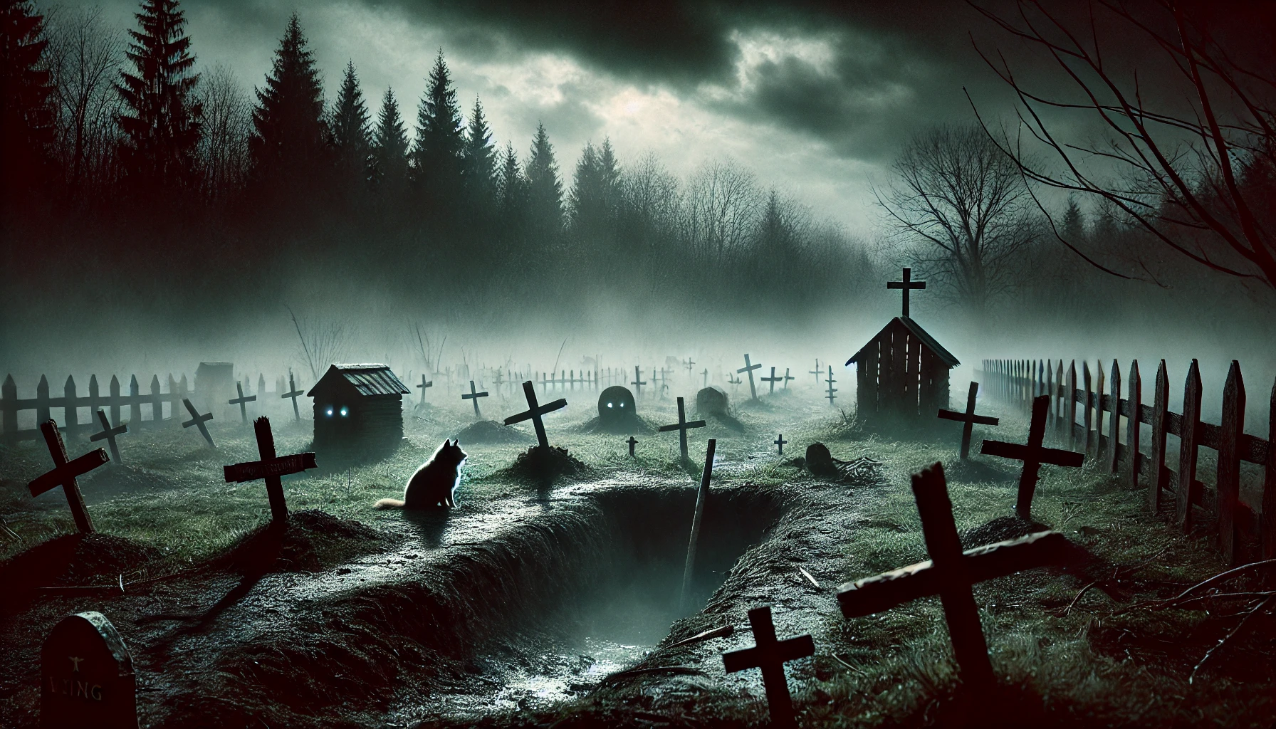 Paisaje oscuro y neblinoso inspirado en Cementerio de Animales de Stephen King. Una vista de un cementerio de mascotas con cruces de madera, lápidas artesanales, un bosque sombrío al fondo y una atmósfera inquietante.