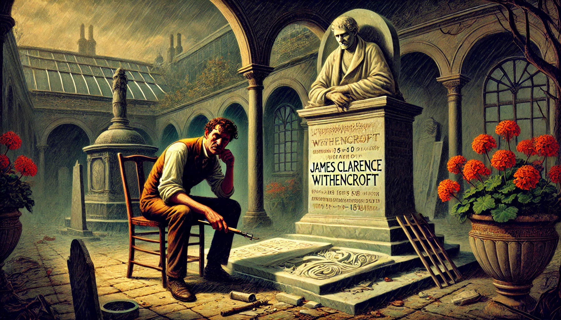 Escena inspirada en el relato Calor de agosto de W.F. Harvey, mostrando a un hombre dibujante y un tallador de mármol en un oscuro patio bajo el sofocante calor de agosto. Ambos observan una lápida misteriosa con un cielo tormentoso de fondo.